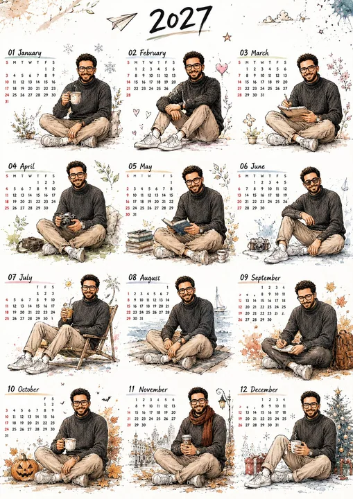 2027 Korean-style hand-drawn textured male lead calendar illustration poster