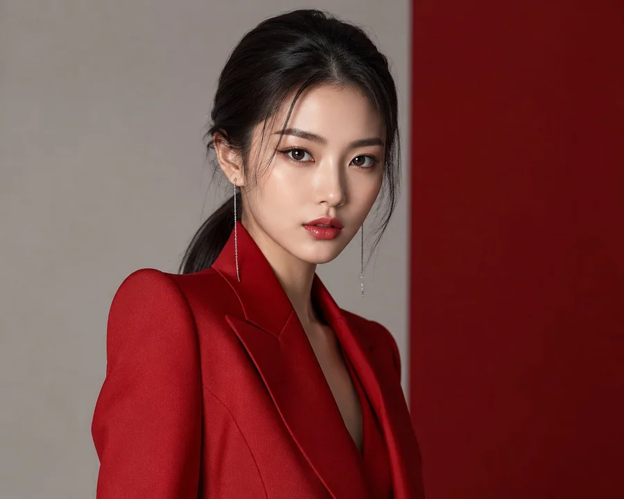 超写实韩式高端时尚杂志红色西装女模特人像