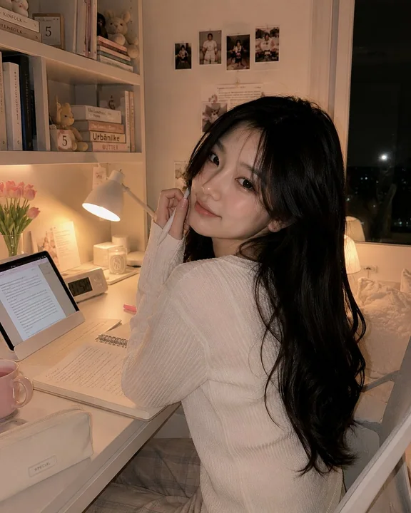 Cream-toned Korean-style girl’s cozy late-night study photo shoot