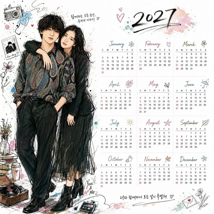 Korean-style graffiti-themed desktop calendar for the full year 2027