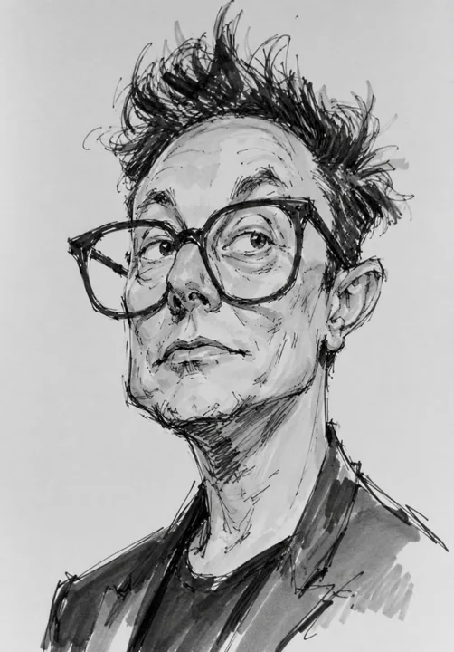 Musk and Trump black-and-white expressionist satirical cartoon