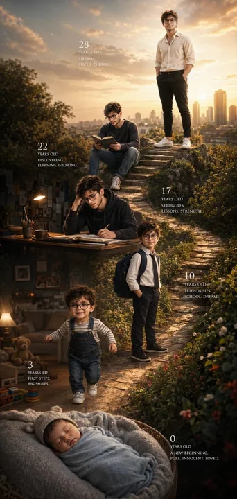 超写実的で映画のような男の子の成長の道のりと人生の軌跡のコラージュ