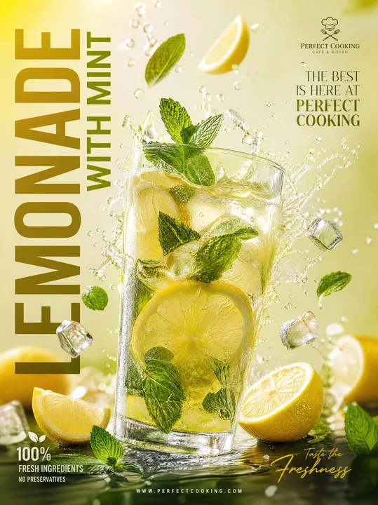 Conception d’affiche commerciale pour une boisson citron-menthe au luxe minimaliste