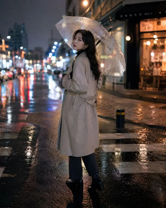 都会の雨の夜、ベージュのトレンチコートを着た少女が振り返る