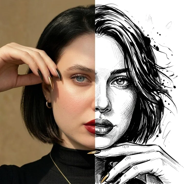 Portrait au double style, semi-réaliste et dessiné à la main à l’encre de Chine