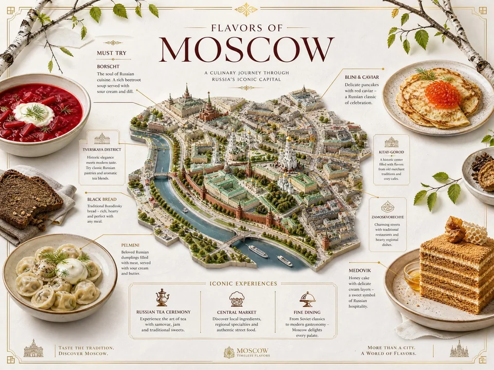 Affiche infographique de voyage de luxe et de gastronomie aux saveurs de Moscou