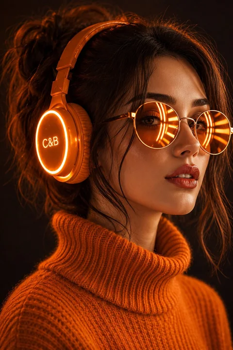 サイバーパンクのネオングリーンに光るヘッドホンをつけた少女のポートレート