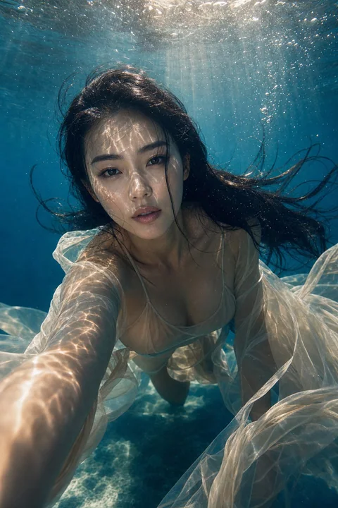 Сверхреалистичная модная подводная фотосессия восточной красавицы
