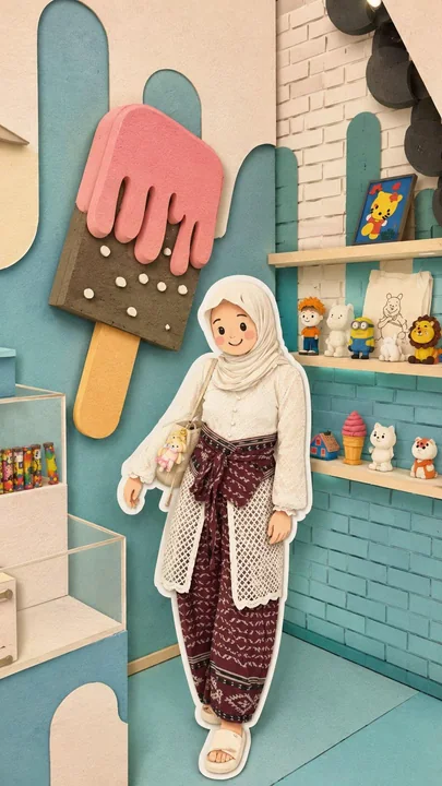 Healing cute Muslim girl papercut-style photography