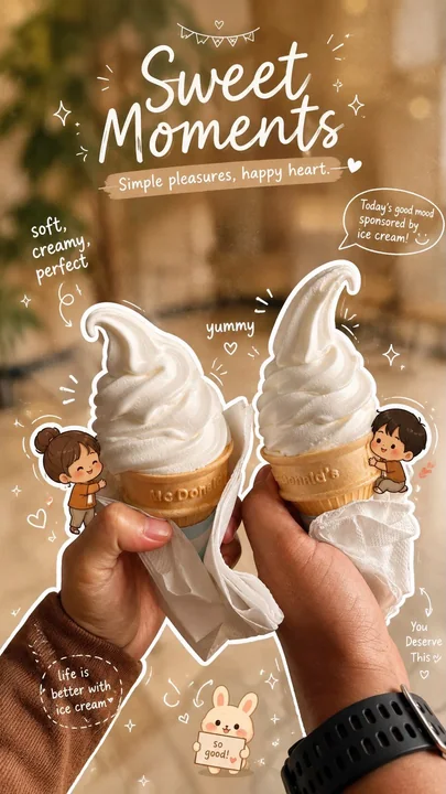 手にバニラアイスクリームを持った、かわいい手帳風の写真