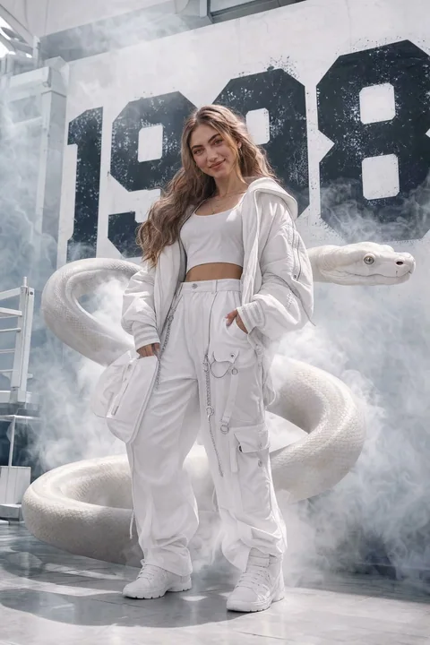 Portrait de mode grand format d’un python dans un style streetwear luxueux blanc platine