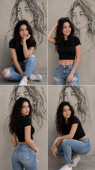 Collage en quatre cases du style de vie d’une blogueuse mode ultra-réaliste en temps réel