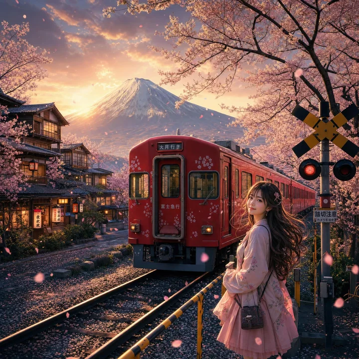 Le train rouge et la jeune fille au pied du mont Fuji pendant la saison des cerisiers en fleurs