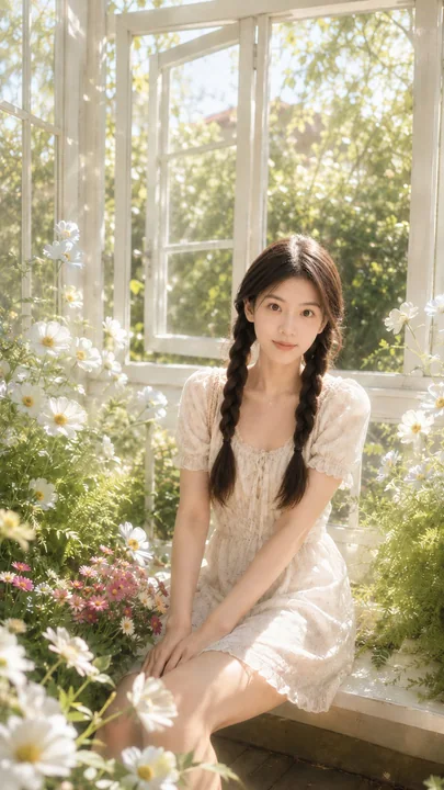 白い温室の花を背景にした、リアルな質感のポートレート写真