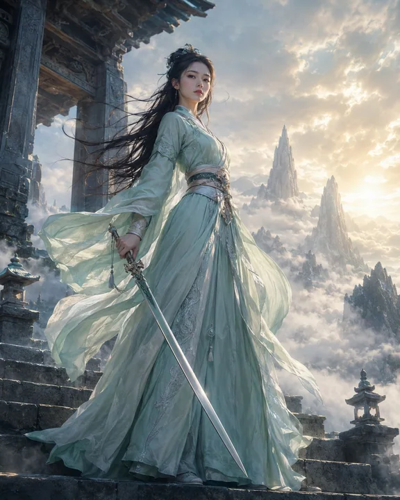 云海山门前的白衣仙侠女剑修