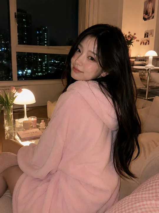 癒やし系の韓国風リビングにいるピンクのスウェットを着た少女