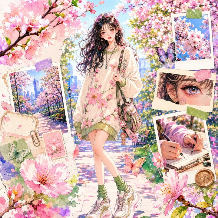 梦幻日韩水彩风春季樱花少女拼贴海报