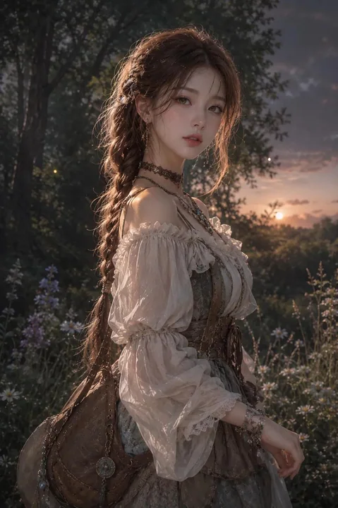 髪を編みながら夕暮れの森を歩く韓国少女