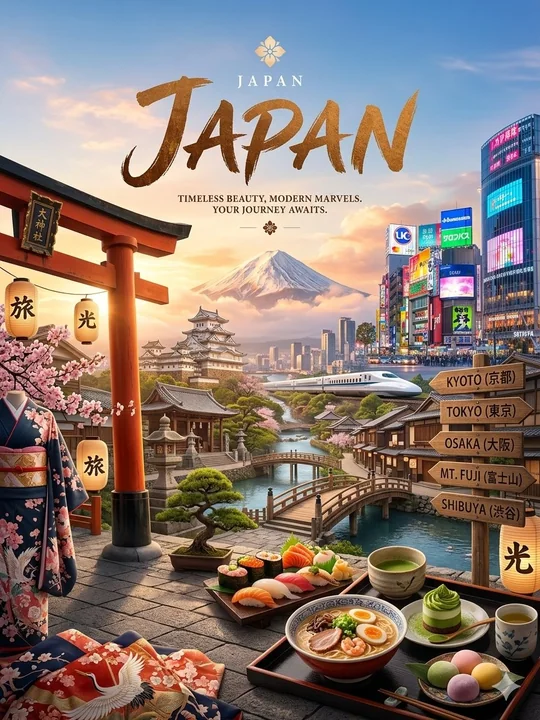 Golden Hour Japanese Tradition and Modern Fusion Travel Poster