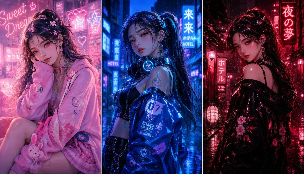 Три монитора с неоном, K-pop, модная аниме девушка