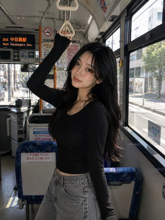 韓国人の女の子、日本のバス、写実的なポートレート