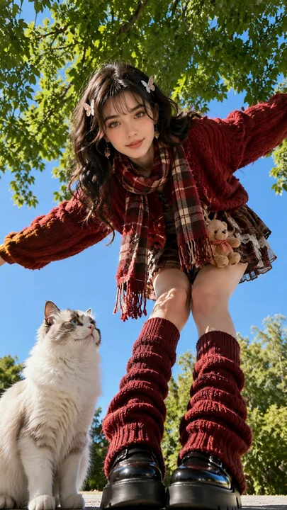 韩国风格秋日红毛衣少女与布偶猫仰拍