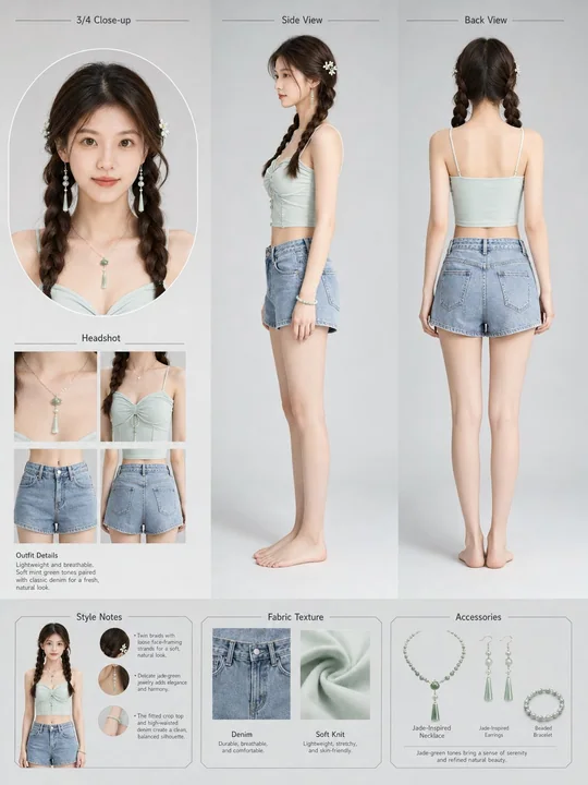 Tableau de référence mode pour tenues vert menthe, réaliste sous plusieurs angles