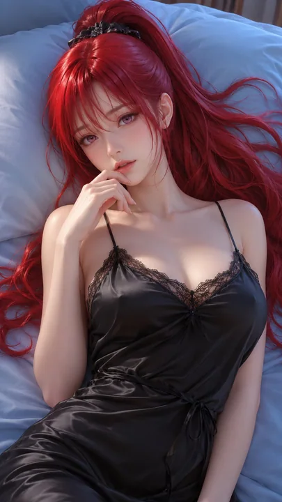 Red-haired woman in a satin nightgown bedroom 3D render