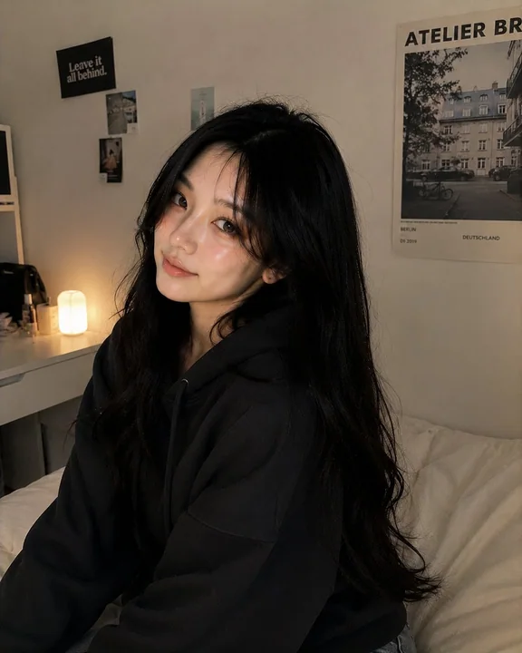 Ultra-realistic portrait of a Korean girl in a cozy bedroom