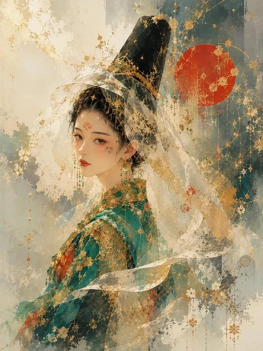 تفاصيل فائقة الدقة، بورتريه مائي لأميرة شرق آسيوية بزي الهانبوك بأسلوب حالم ეთيري