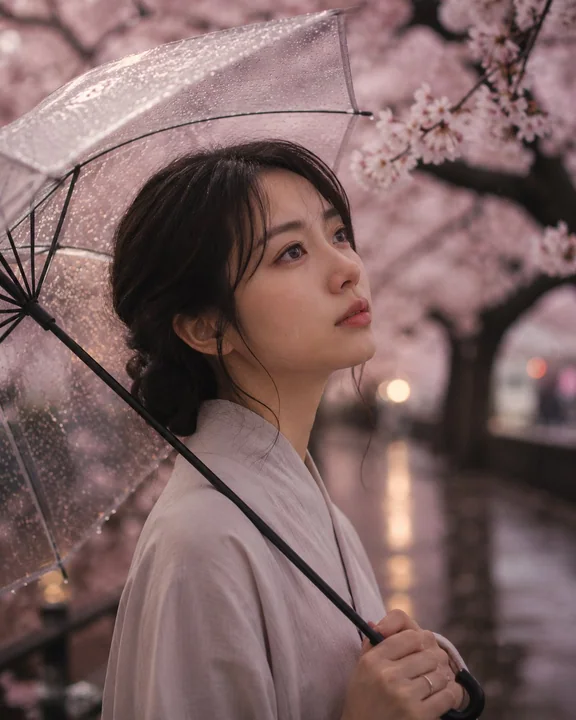春雨の中、桜の木の下で傘を差し、涙を浮かべる日本人女性
