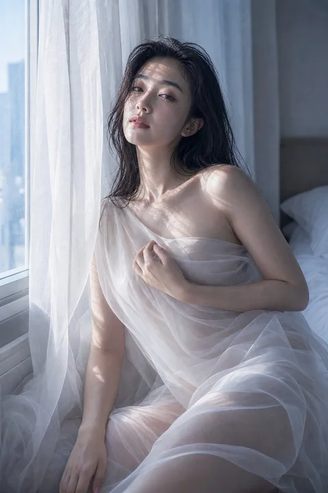 朝の光の薄いヴェール、ひんやりとした高級感のある写実的人像