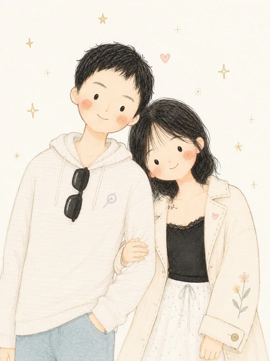 可愛極簡動漫情侶水彩畫