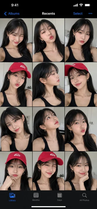 Collage de selfies d'une belle femme asiatique dans l'album photo du téléphone
