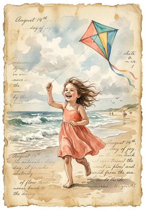 在海滩上放风筝的小女孩复古水彩画