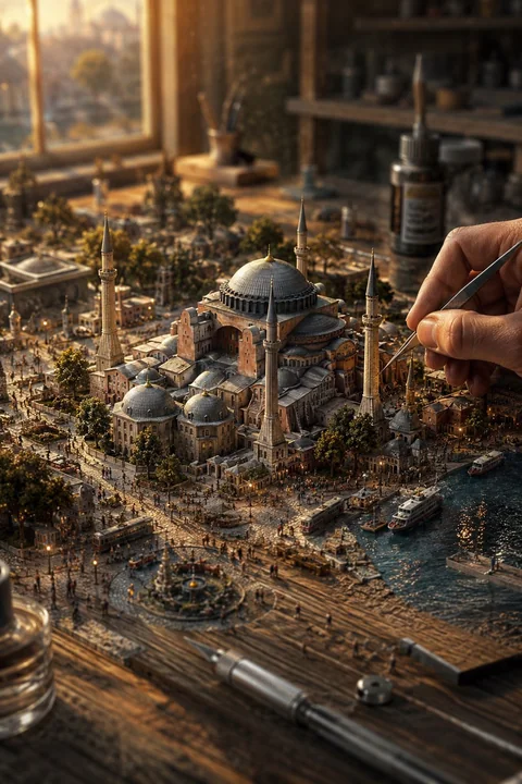 Miniature Eiffel Tower scene on a wooden table