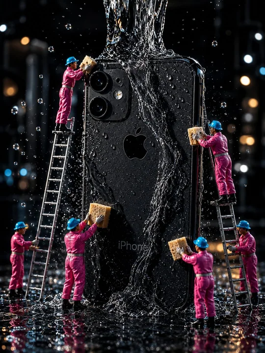 黒いiPhoneのミニチュア作業員による清掃シーン