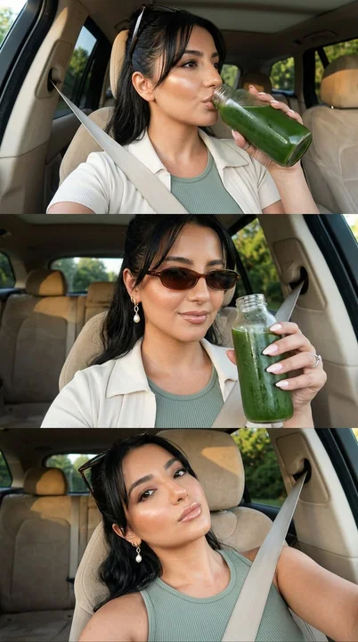 Relaxing in-car self-portrait with a refreshing green juice style