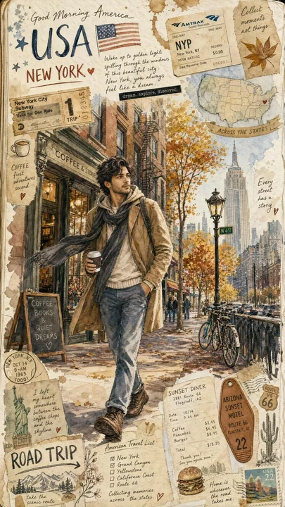 梦幻美国旅行手账手绘插画