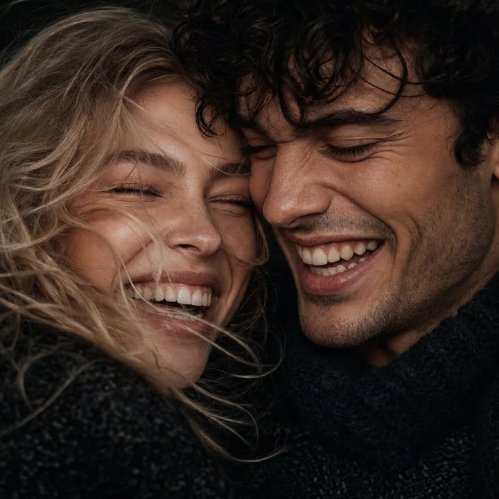 Ultra-realistic close-up prompt words of a laughing couple