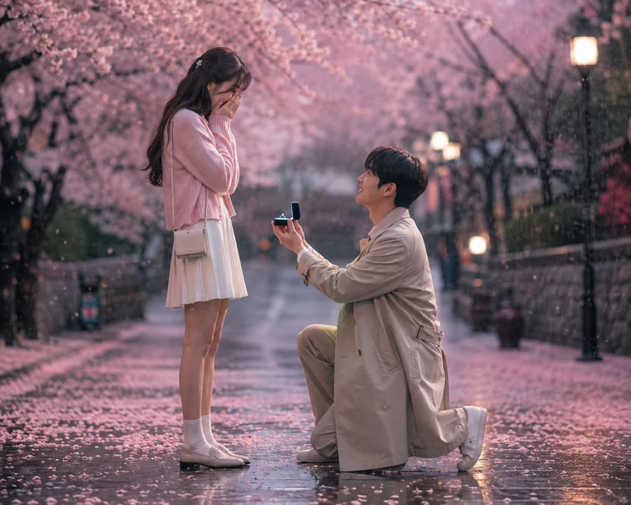 Sous les cerisiers en fleurs, une demande en mariage romantique dans le style d’un drama coréen.