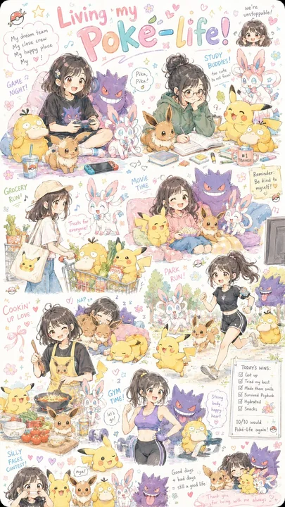 Page de croquis dessinés à la main du quotidien chaotique de Pokémon