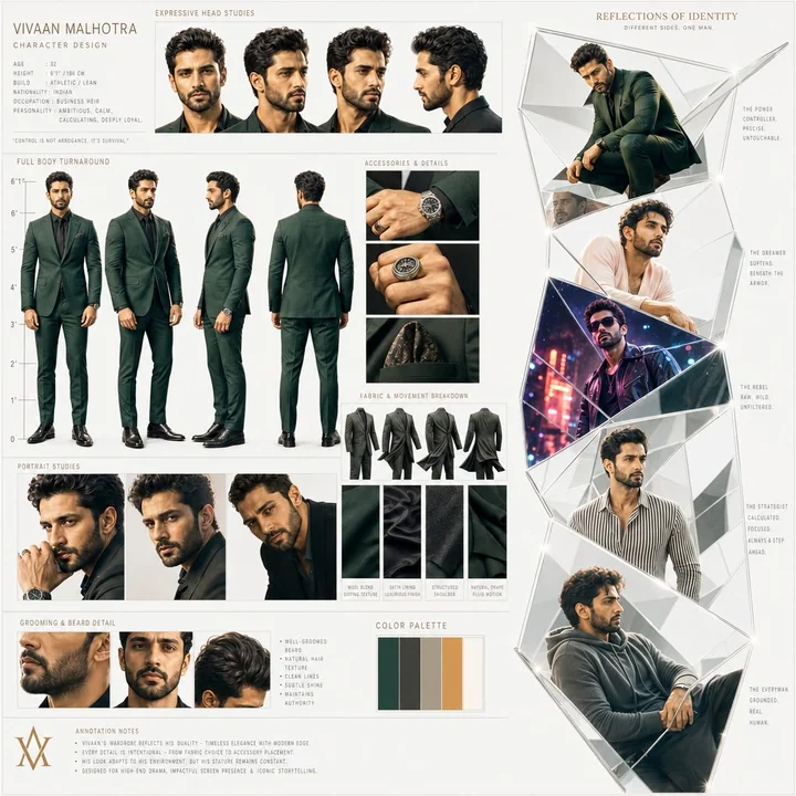 Planche de conception de personnage cinématographique pour le protagoniste d’un film dramatique à gros budget