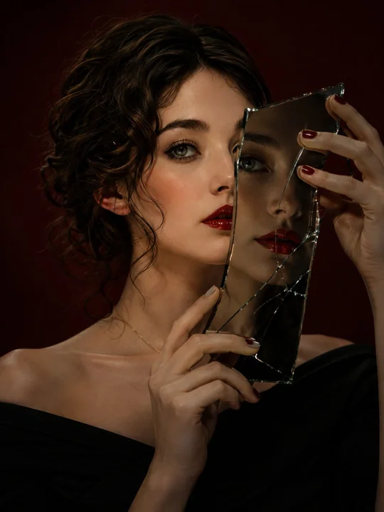 Dark luxury beauty portrait photography with a shattered mirror