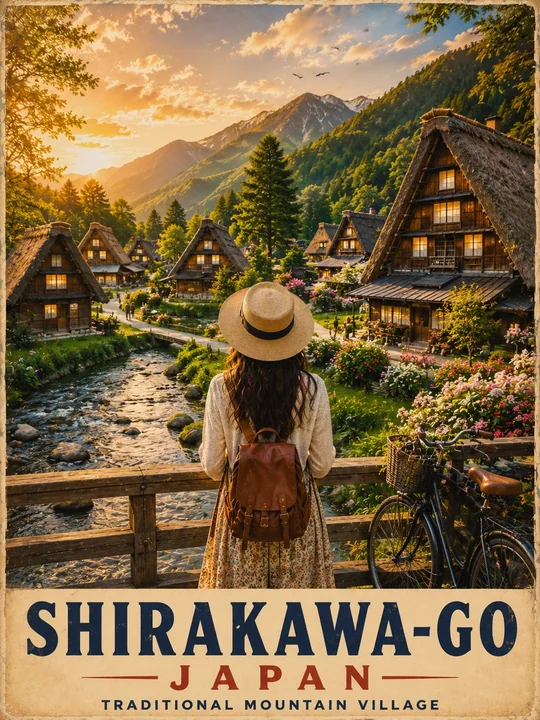 Shirakawa-go retro travel poster, golden sunset glow