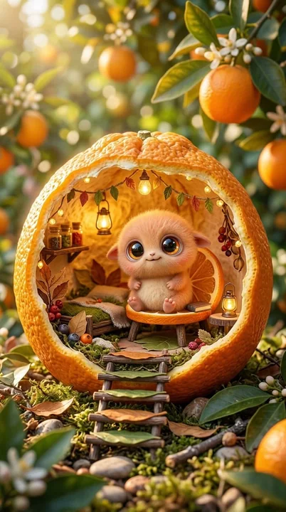 Cute little creatures in the fruit cottage of the magical forest