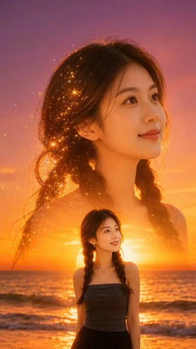 电影级唯美海滩双重曝光人像