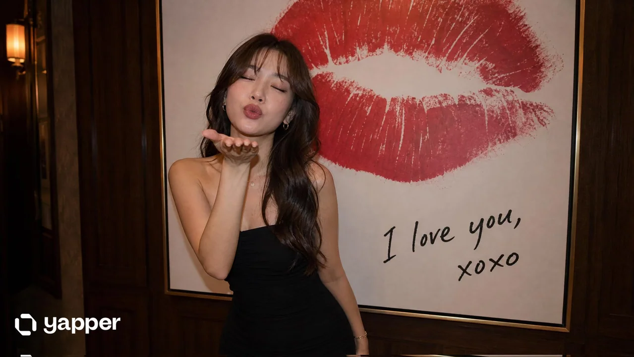 Charming East Asian woman giving a playful kiss to the camera in front of a modern art painting