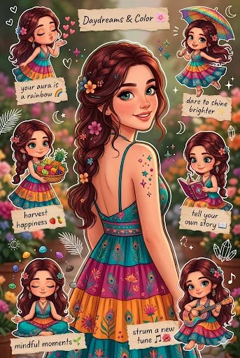 波西米亚风花卉少女贴纸插画
