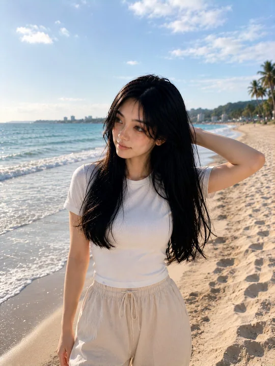 超写实韩系美女海滩夕阳人像